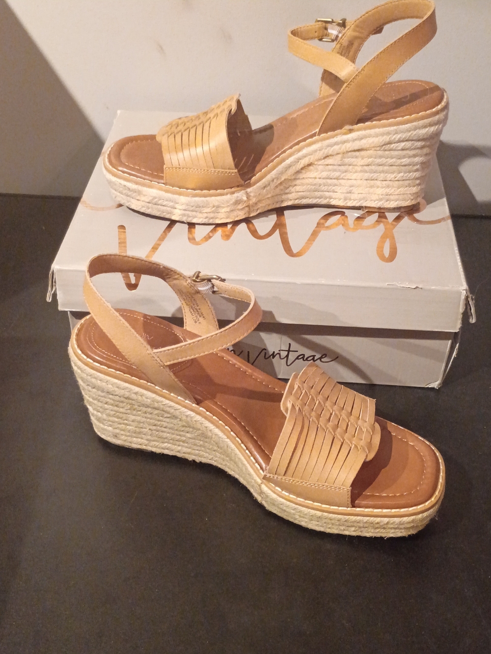 Crown Vintage Tan Woven Espadrille Wedge Sandals